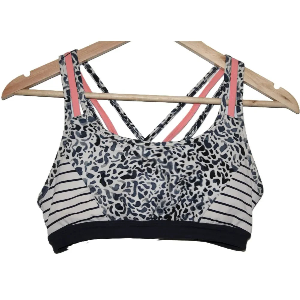 Womens Athleta White Navy Blue Pink Leopard Print Strappy Back Sports Bra Sz XS